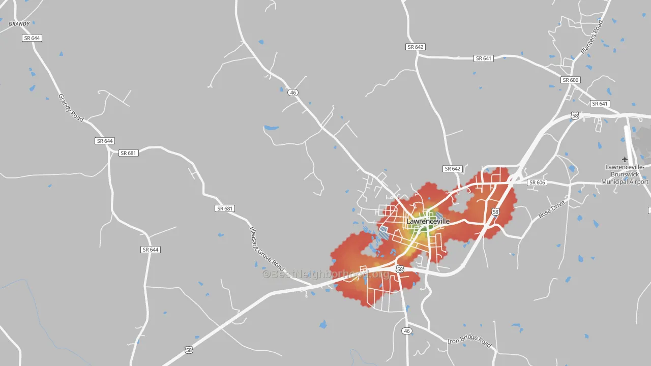 Walk Grade map of Lawrenceville Hills, VA, walkable areas in green and car-dependent areas in red