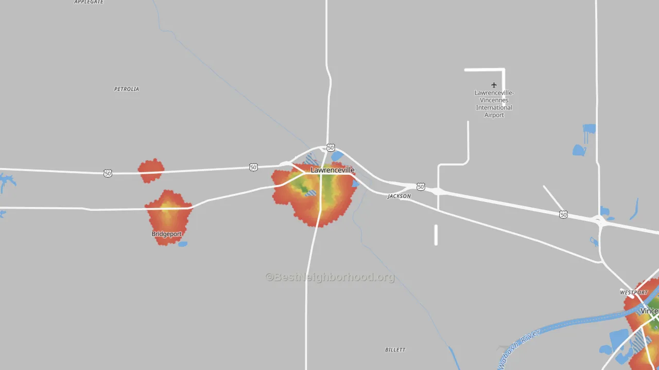 Walk Grade map of Lawrenceville, IL, walkable areas in green and car-dependent areas in red