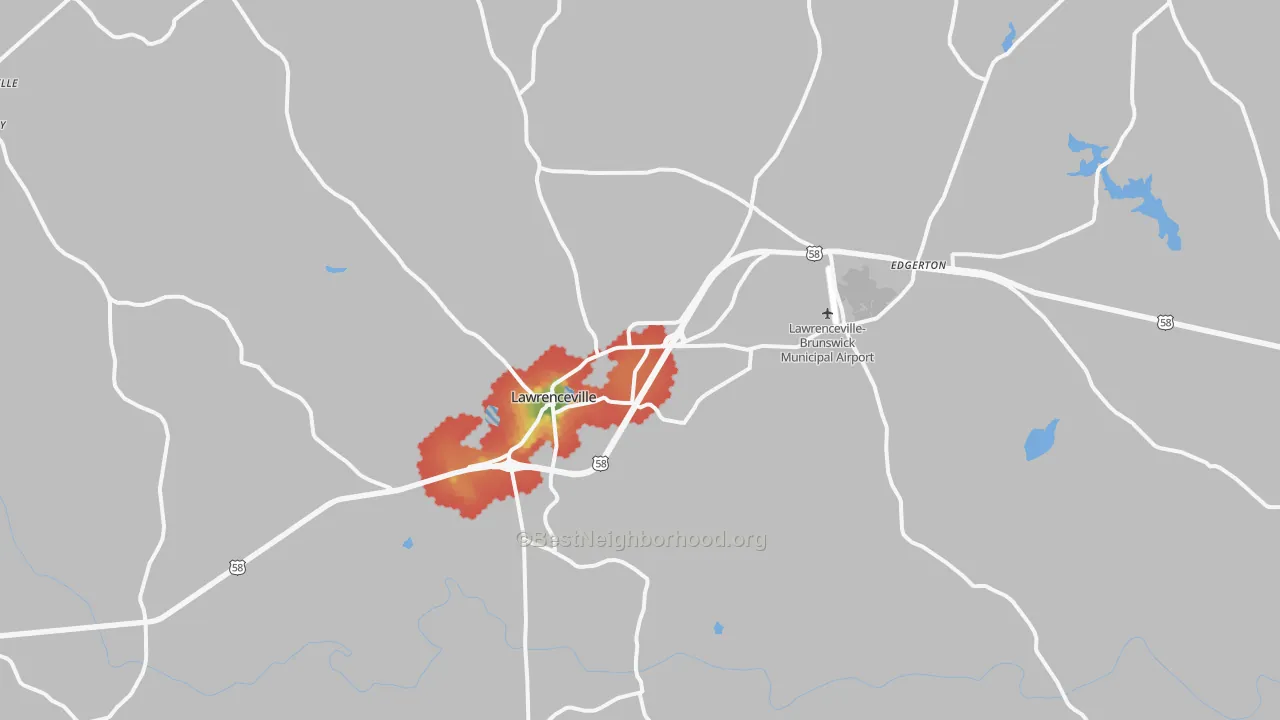 Walk Grade map of Lawrenceville, VA, walkable areas in green and car-dependent areas in red