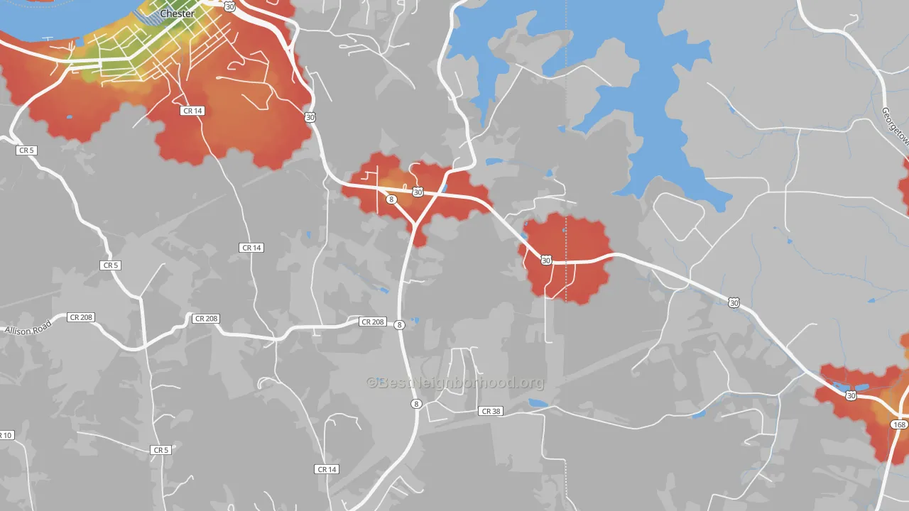 Walk Grade map of Lawrenceville, WV, walkable areas in green and car-dependent areas in red
