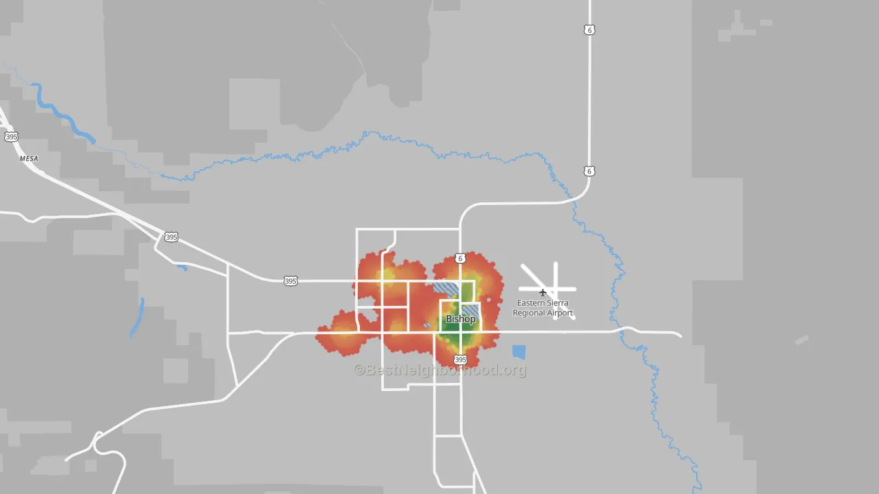 Walk Grade map of Laws, CA, walkable areas in green and car-dependent areas in red