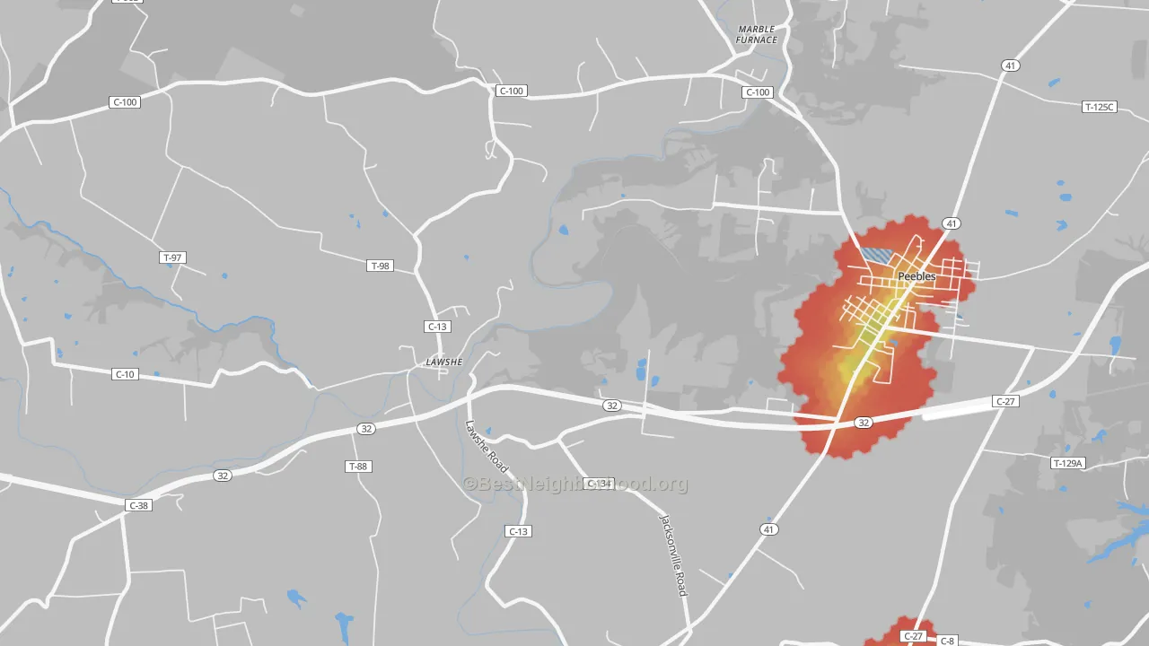 Walk Grade map of Lawshe, OH, walkable areas in green and car-dependent areas in red