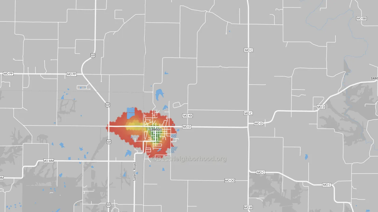 Walk Grade map of Lawson, MO, walkable areas in green and car-dependent areas in red