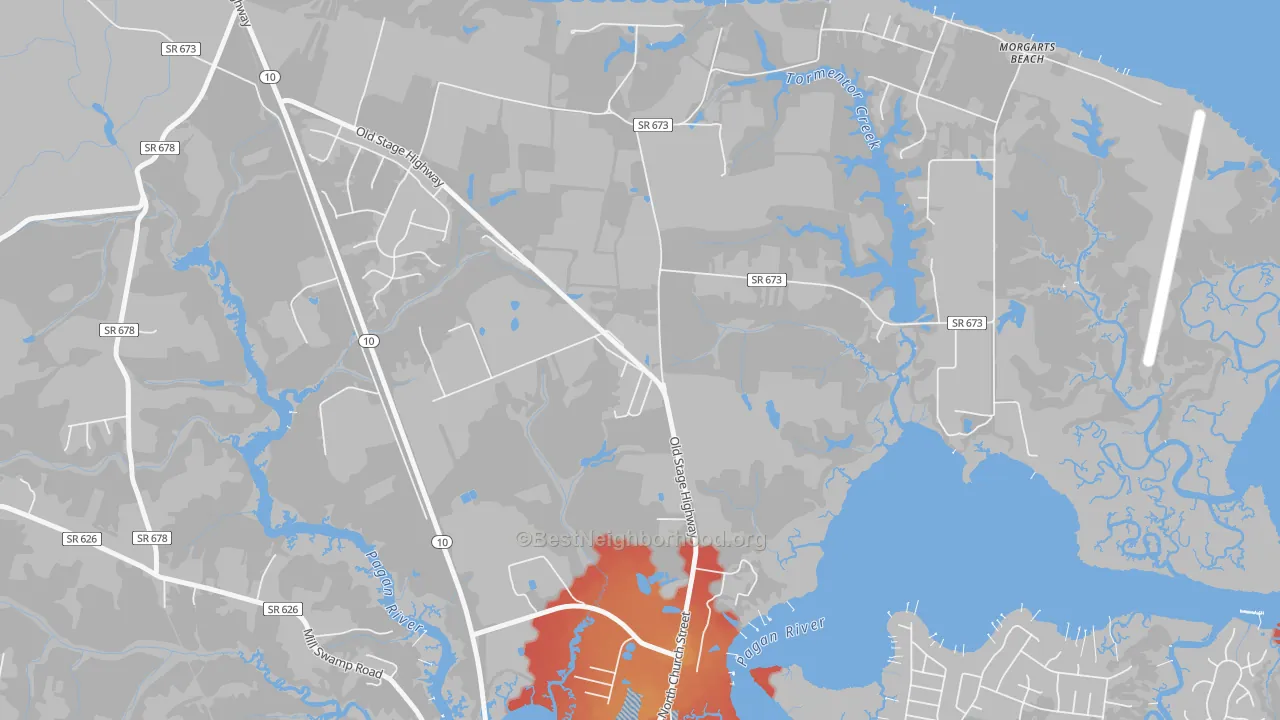 Walk Grade map of Lawson, VA, walkable areas in green and car-dependent areas in red