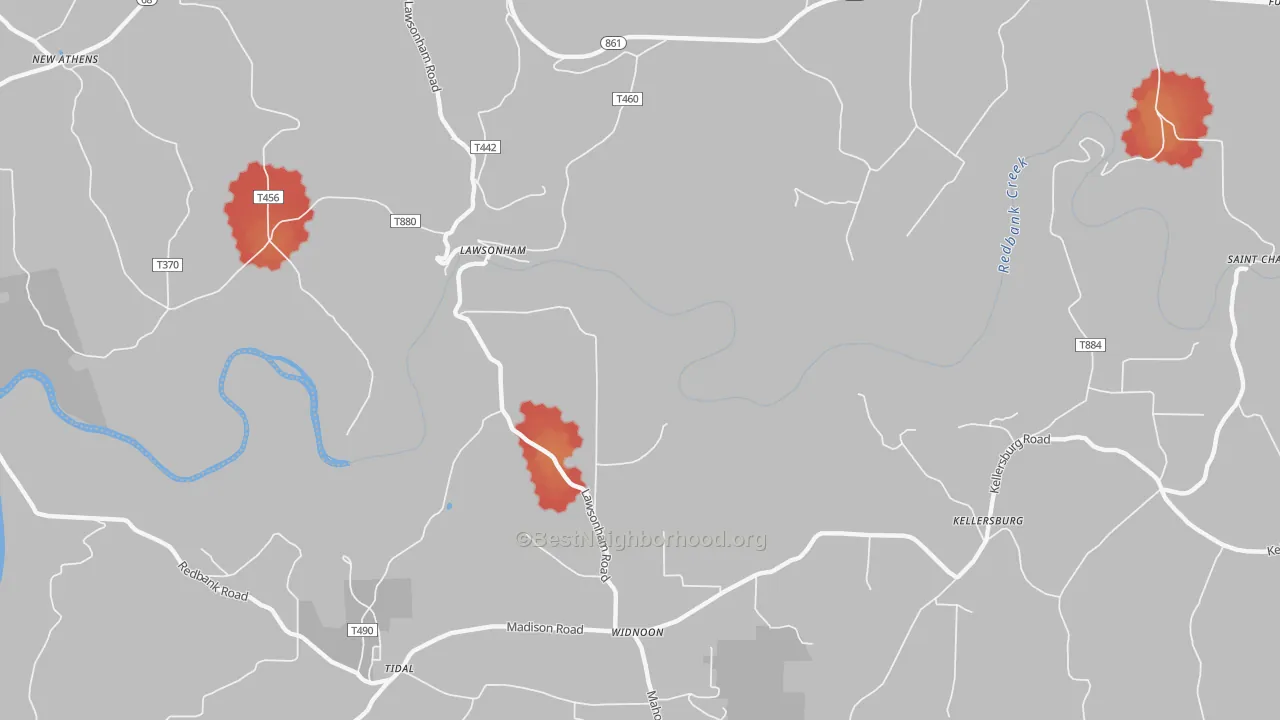 Walk Grade map of Lawsonham, PA, walkable areas in green and car-dependent areas in red