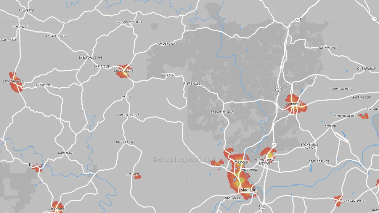 Walk Grade map of Lawsonville, NC, walkable areas in green and car-dependent areas in red