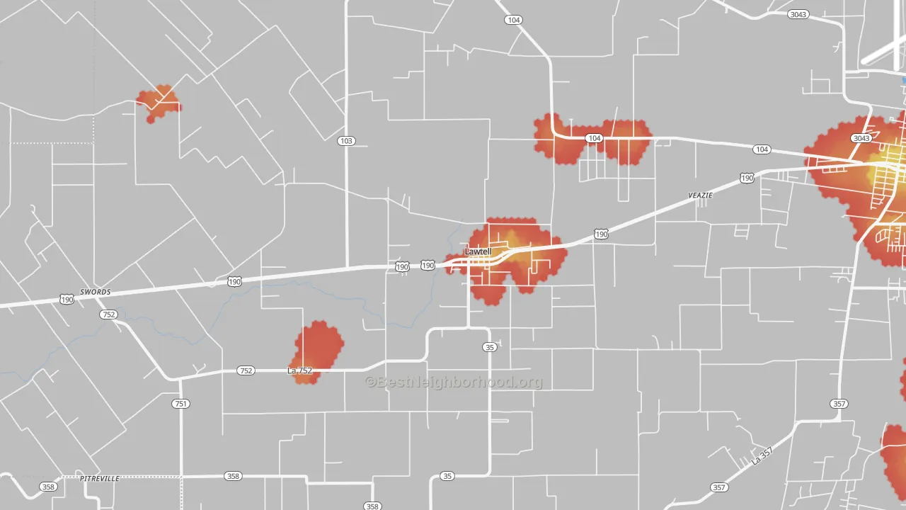 Walk Grade map of Lawtell, LA, walkable areas in green and car-dependent areas in red