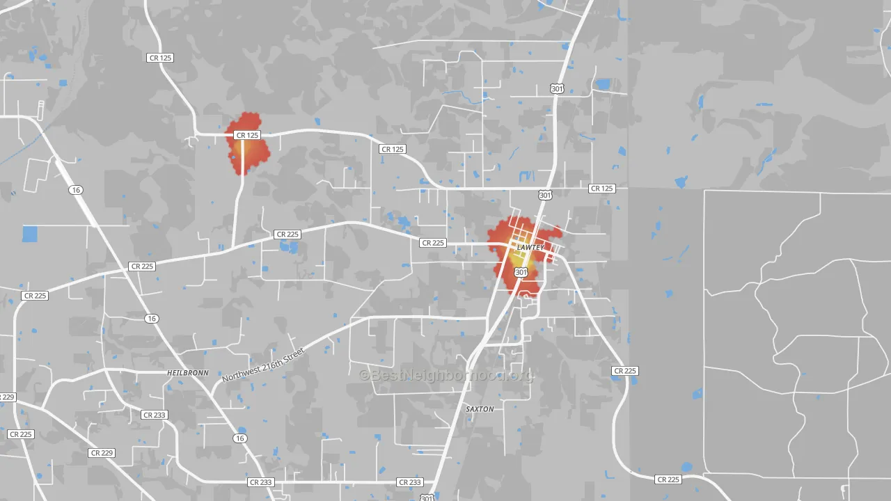Walk Grade map of Lawtey, FL, walkable areas in green and car-dependent areas in red