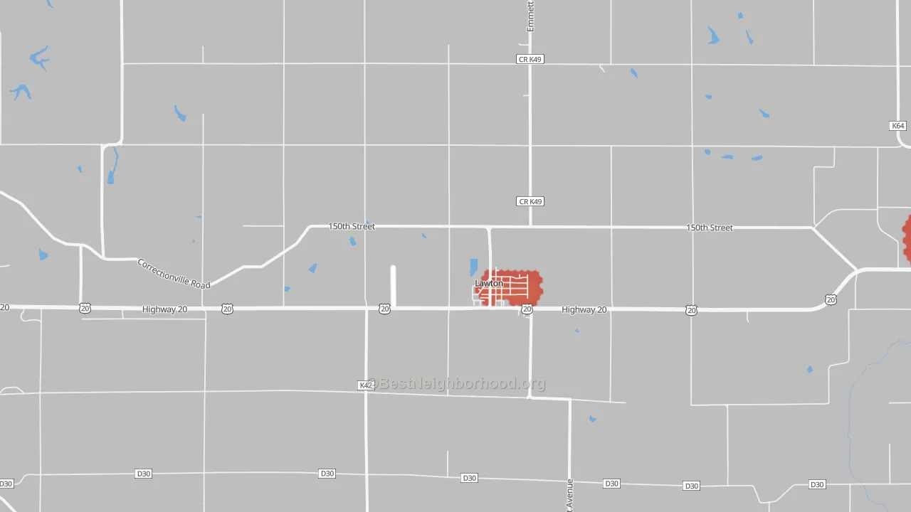 Walk Grade map of Lawton, IA, walkable areas in green and car-dependent areas in red