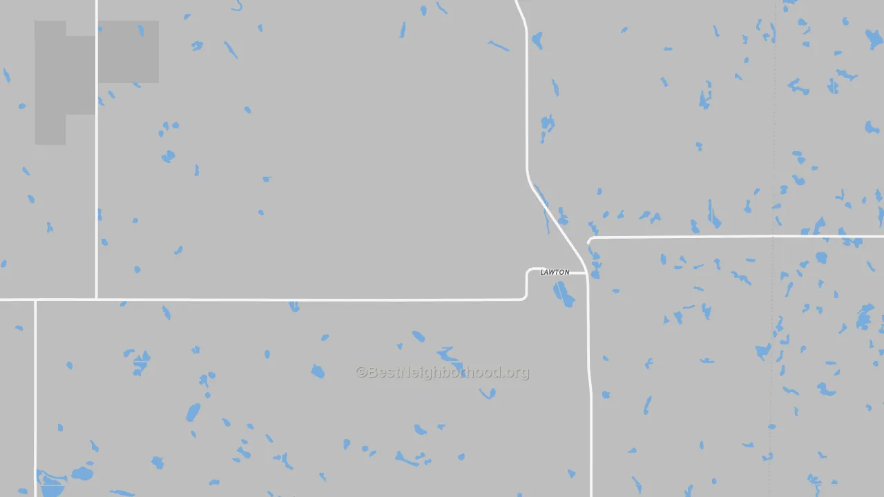 Walk Grade map of Lawton, ND, walkable areas in green and car-dependent areas in red