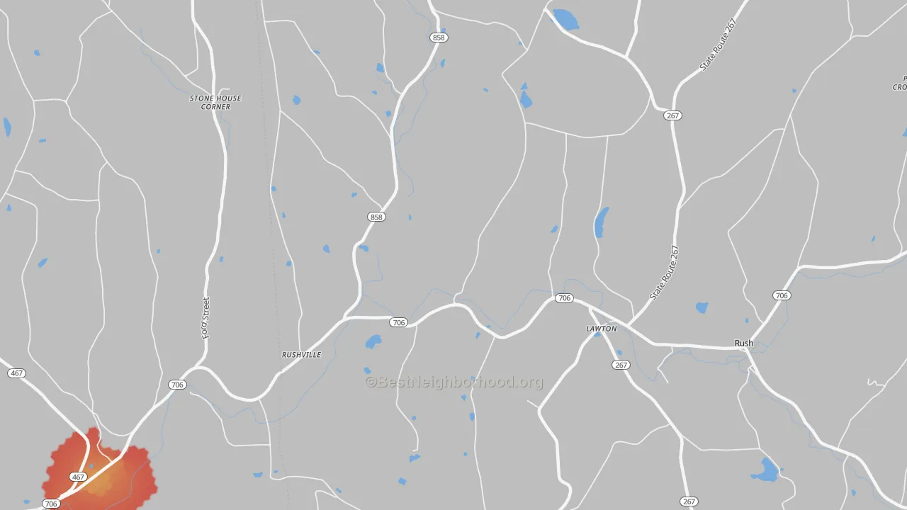 Walk Grade map of Lawton, PA, walkable areas in green and car-dependent areas in red