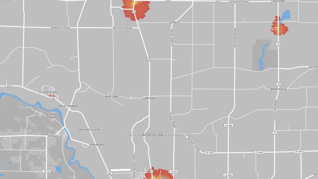 Walk Grade map of Lawtons, NY, walkable areas in green and car-dependent areas in red
