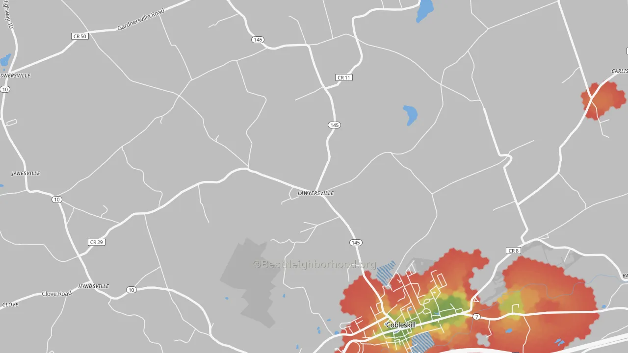 Walk Grade map of Lawyersville, NY, walkable areas in green and car-dependent areas in red