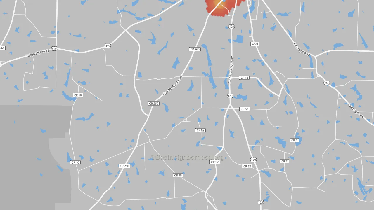 Walk Grade map of Lax, GA, walkable areas in green and car-dependent areas in red