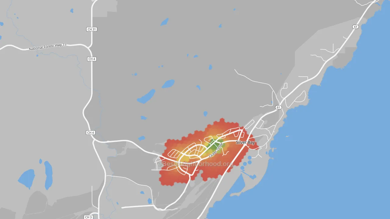 Walk Grade map of Lax Lake, MN, walkable areas in green and car-dependent areas in red