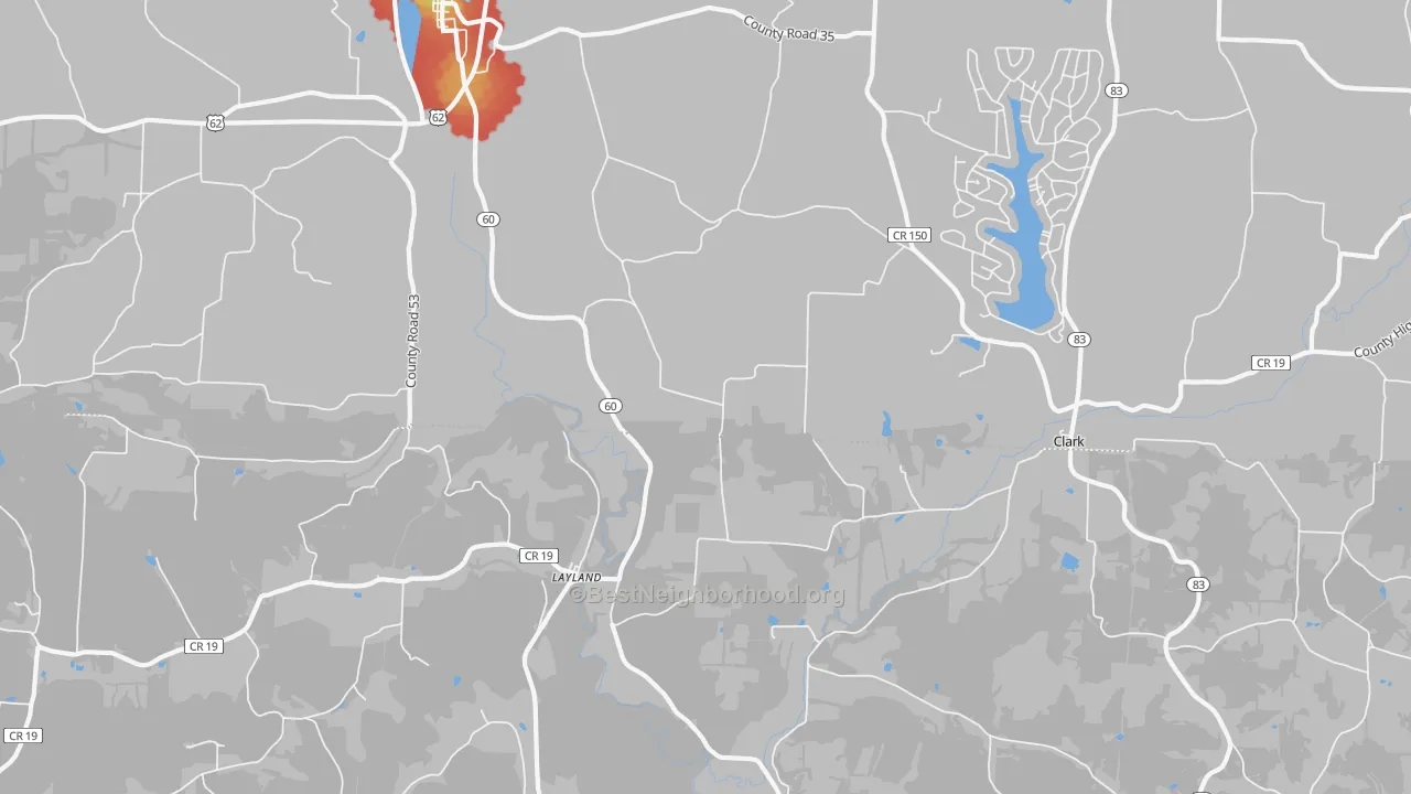 Walk Grade map of Layland, OH, walkable areas in green and car-dependent areas in red