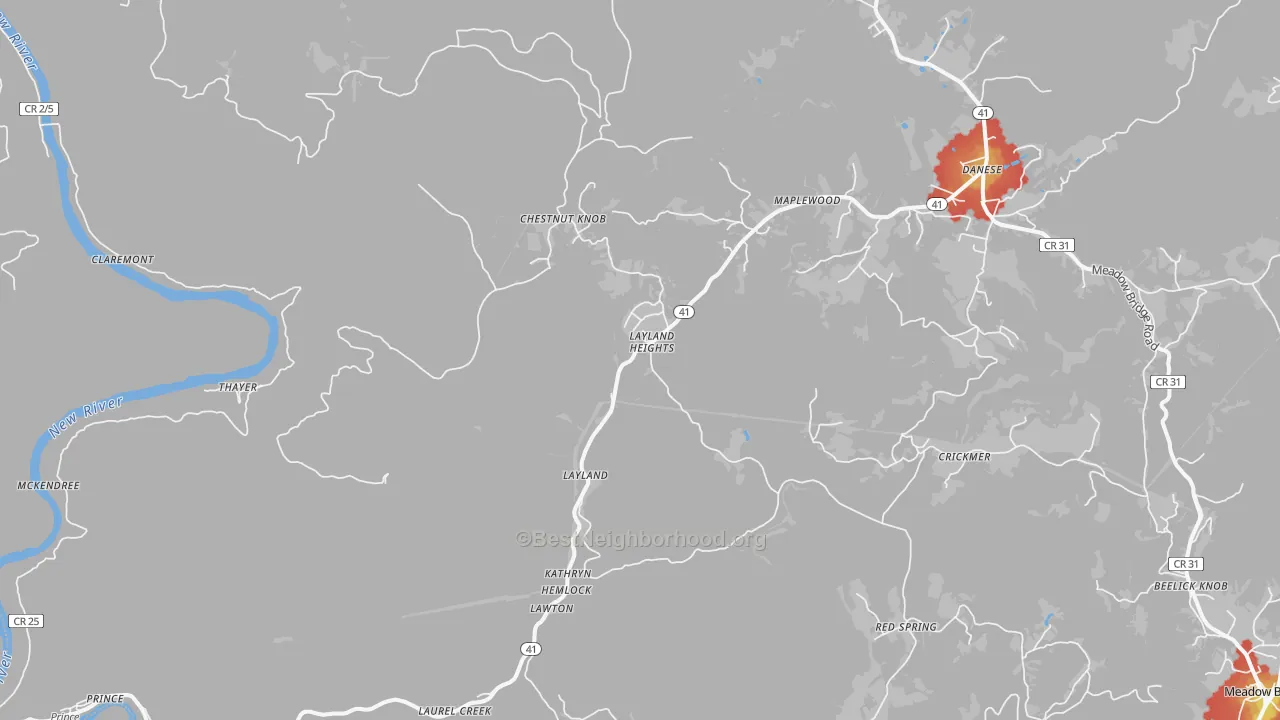 Walk Grade map of Layland, WV, walkable areas in green and car-dependent areas in red