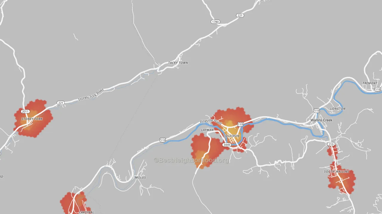 Walk Grade map of Layman, KY, walkable areas in green and car-dependent areas in red