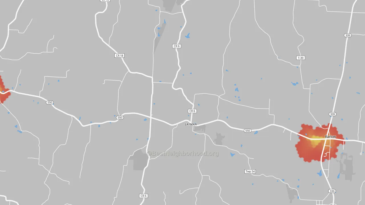 Walk Grade map of Layman, OH, walkable areas in green and car-dependent areas in red
