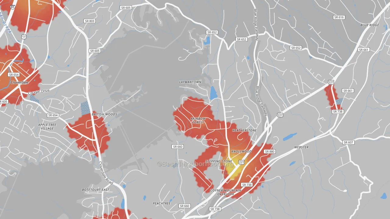 Walk Grade map of Laymantown, VA, walkable areas in green and car-dependent areas in red