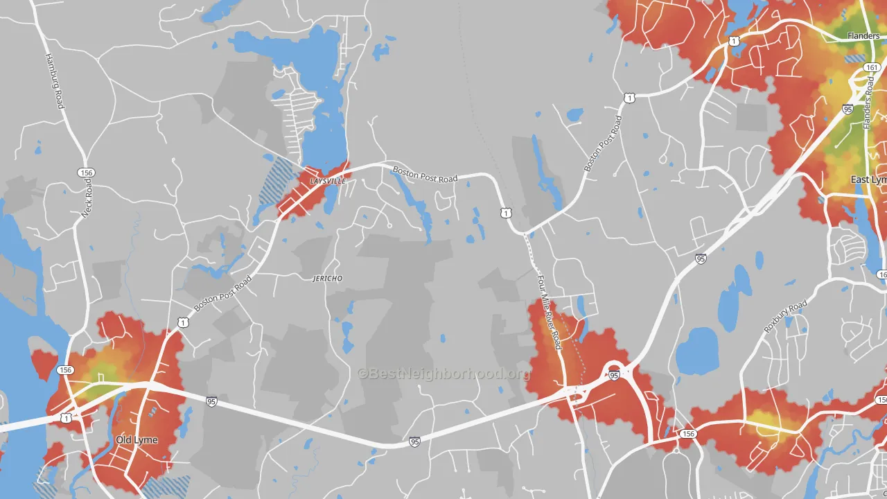 Walk Grade map of Laysville, CT, walkable areas in green and car-dependent areas in red