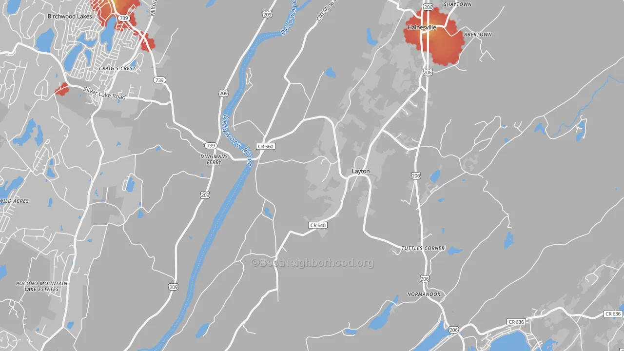 Walk Grade map of Layton, NJ, walkable areas in green and car-dependent areas in red