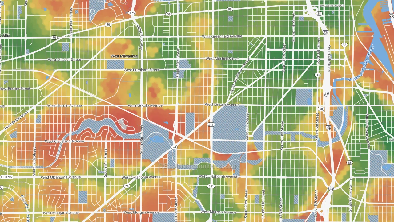 Walk Grade map of Layton Park, Milwaukee, WI, walkable areas in green and car-dependent areas in red