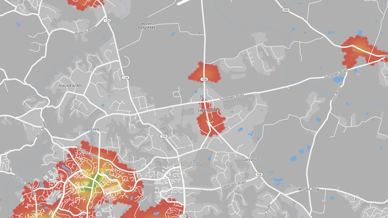 Walk Grade map of Laytonsville, MD, walkable areas in green and car-dependent areas in red