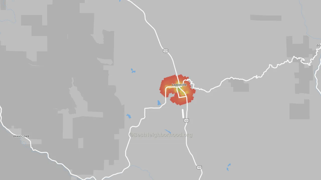 Walk Grade map of Laytonville, CA, walkable areas in green and car-dependent areas in red