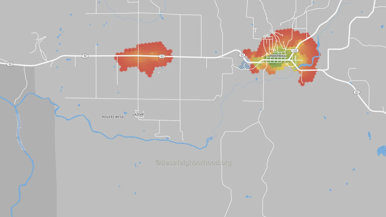 Walk Grade map of Lazear, CO, walkable areas in green and car-dependent areas in red