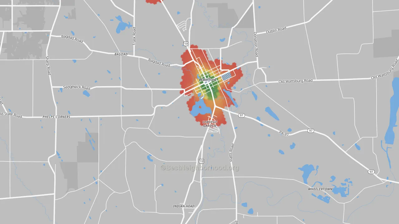 Walk Grade map of Le Boeuf Gardens, PA, walkable areas in green and car-dependent areas in red