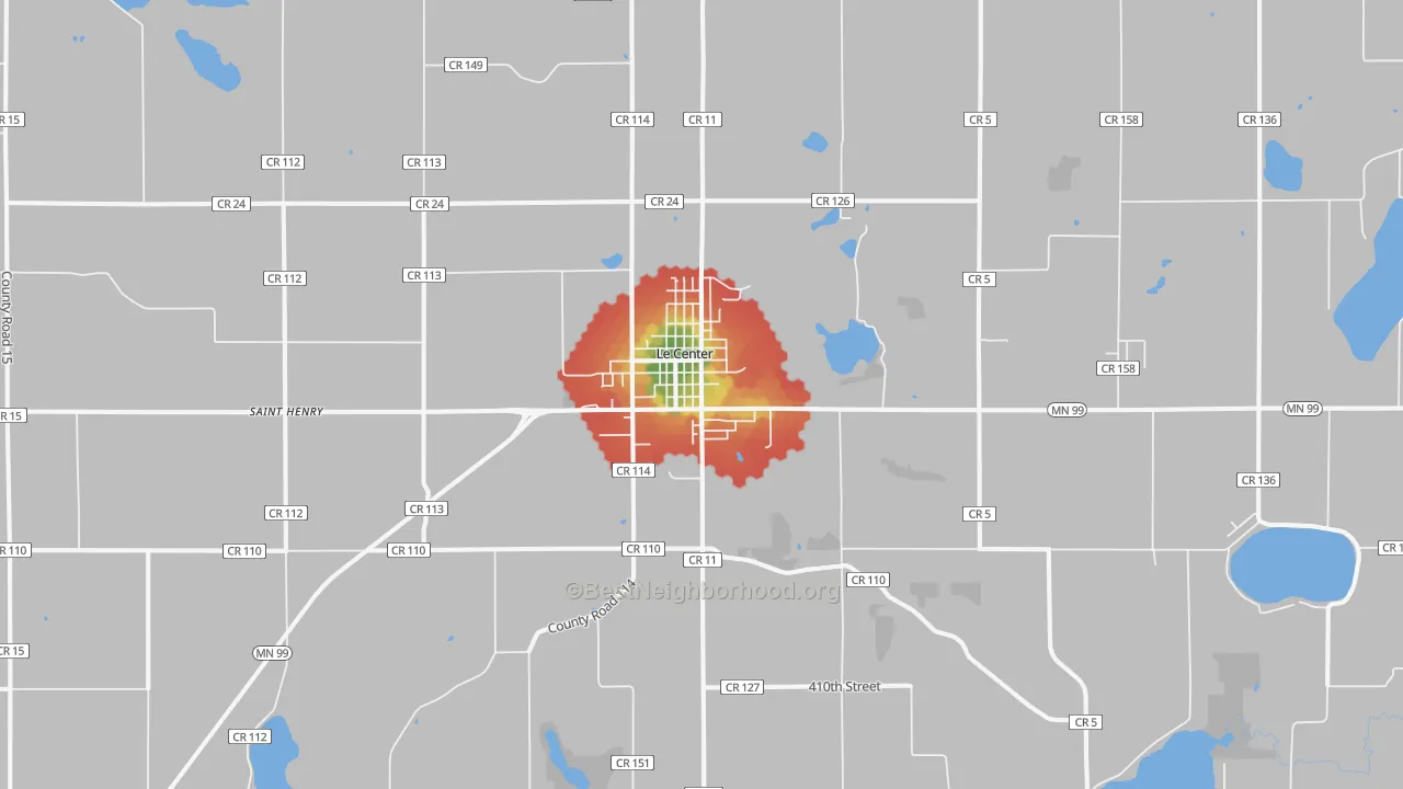 Walk Grade map of Le Center, MN, walkable areas in green and car-dependent areas in red