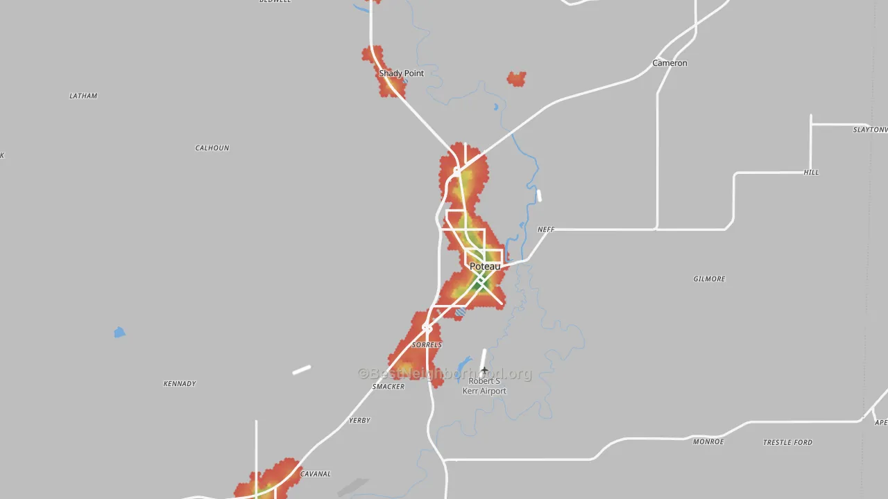 Walk Grade map of Le Flore County, OK, walkable areas in green and car-dependent areas in red