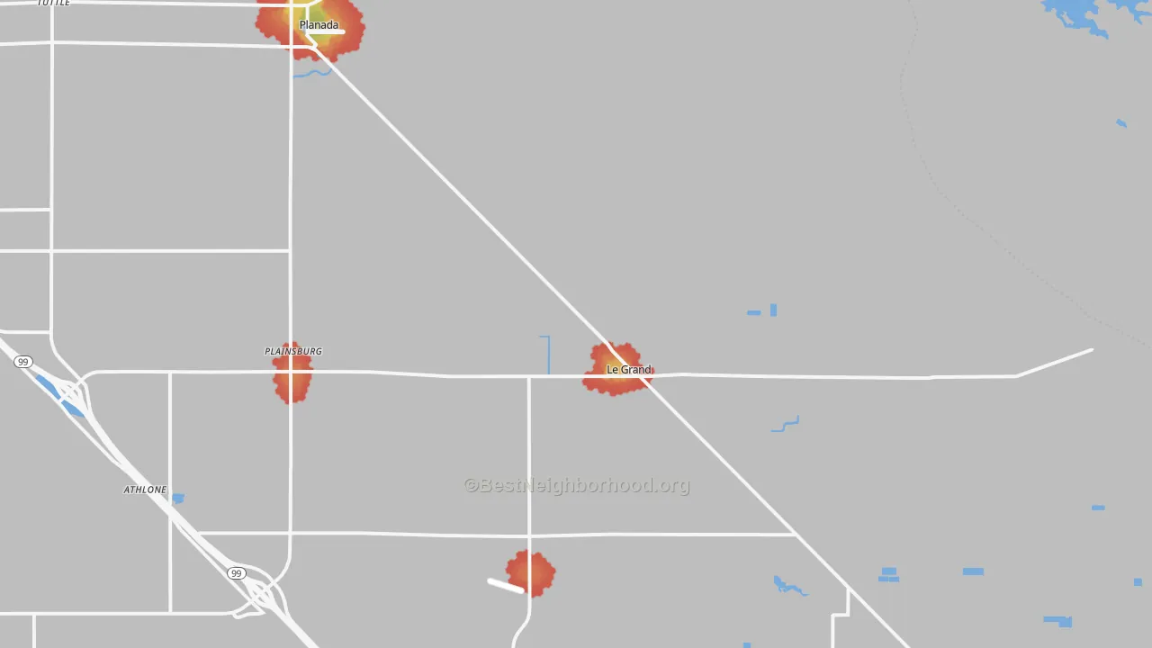 Walk Grade map of Le Grand, CA, walkable areas in green and car-dependent areas in red