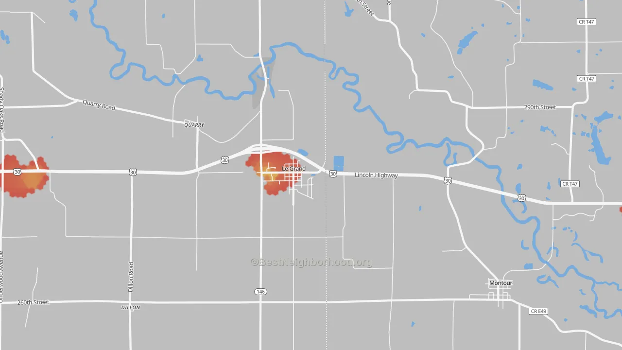 Walk Grade map of Le Grand, IA, walkable areas in green and car-dependent areas in red
