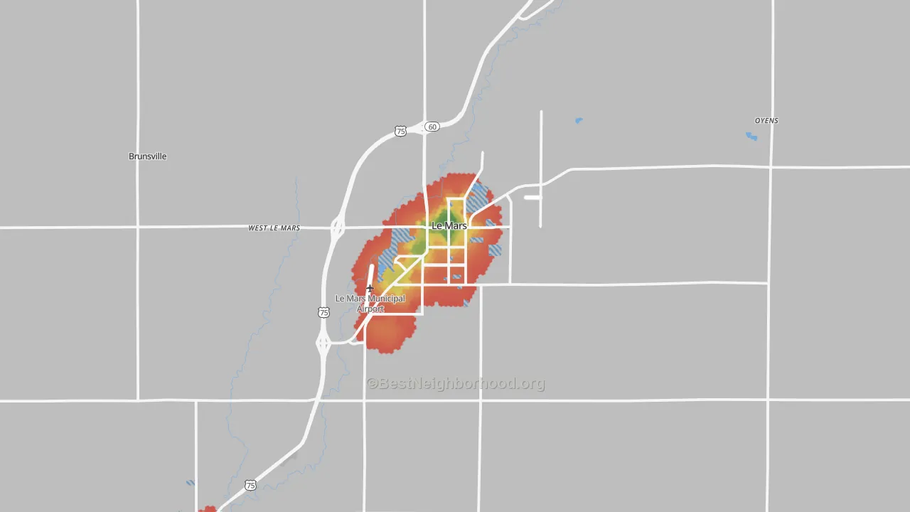 Walk Grade map of Le Mars, IA, walkable areas in green and car-dependent areas in red