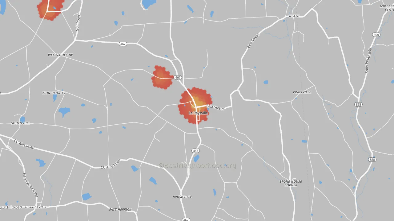 Walk Grade map of Le Raysville, PA, walkable areas in green and car-dependent areas in red