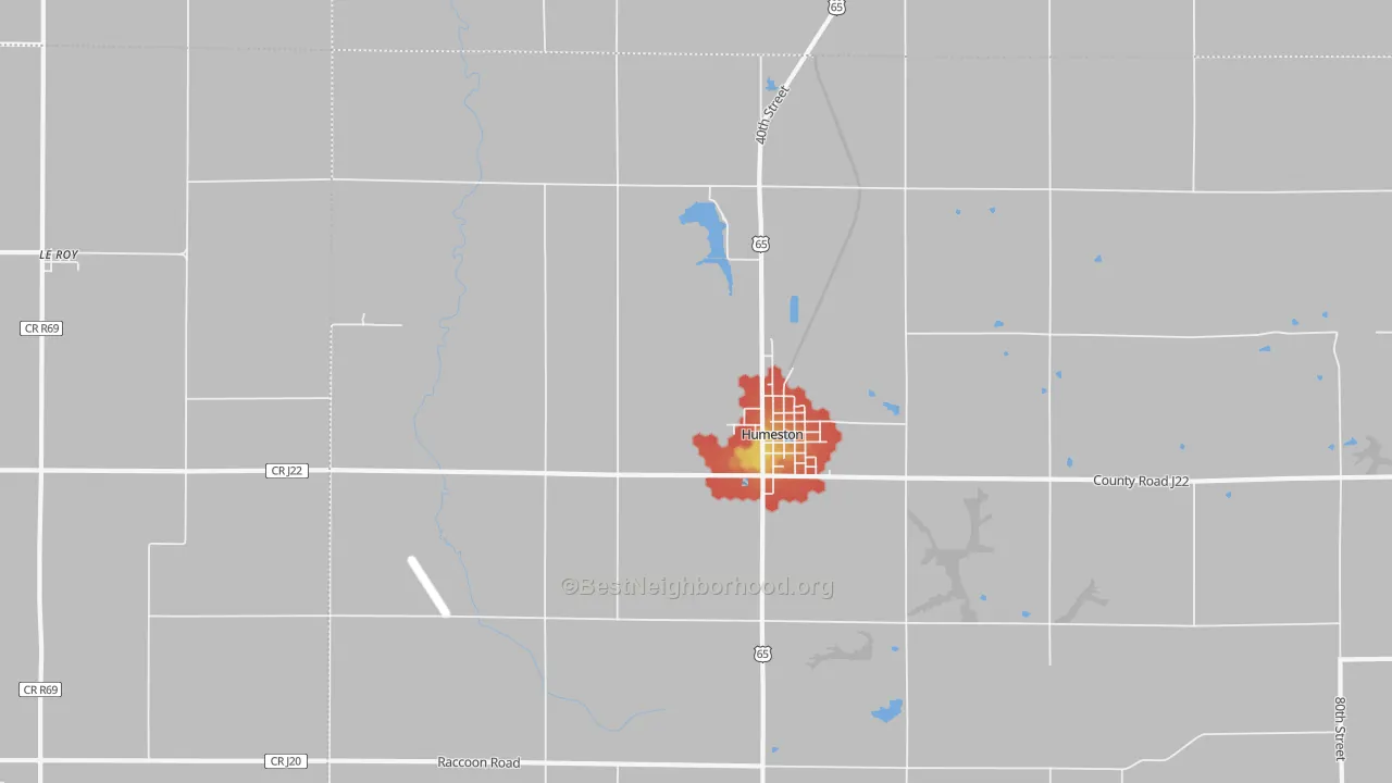 Walk Grade map of Le Roy, IA, walkable areas in green and car-dependent areas in red