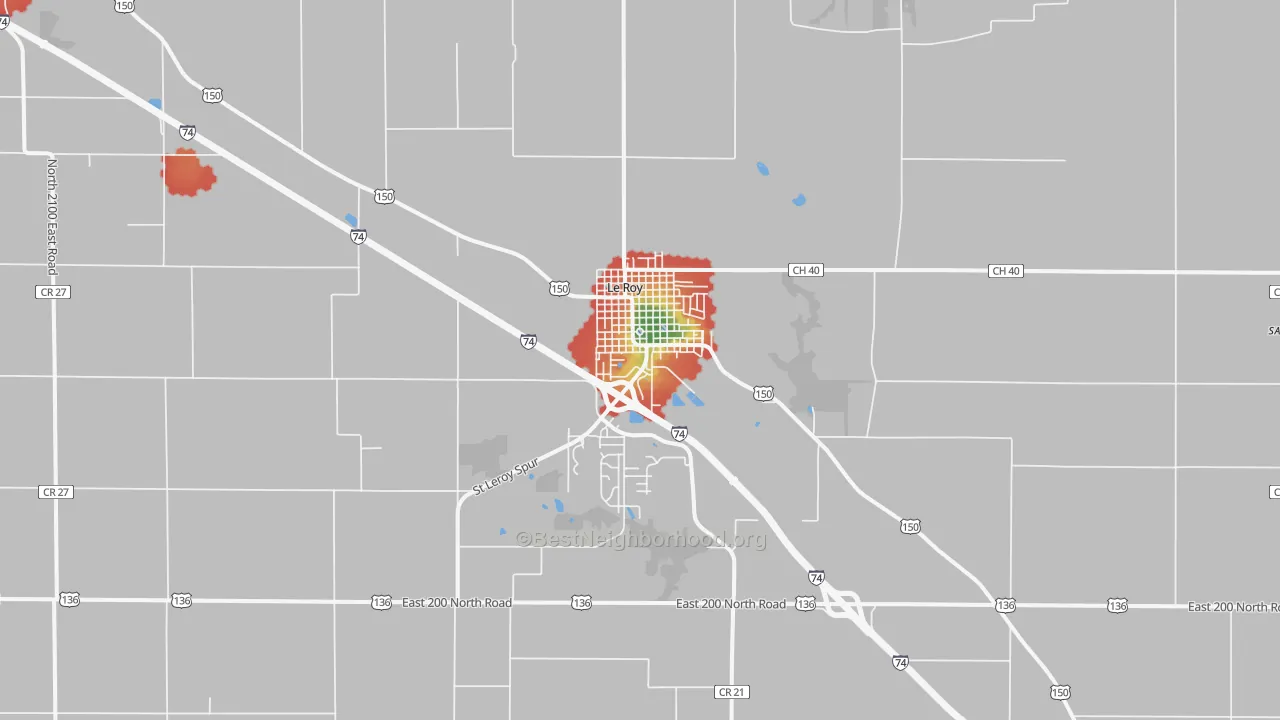 Walk Grade map of Le Roy, IL, walkable areas in green and car-dependent areas in red