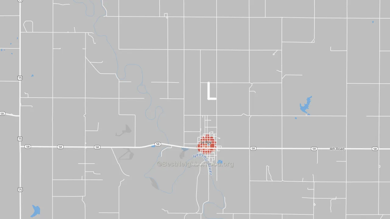 Walk Grade map of Le Roy, KS, walkable areas in green and car-dependent areas in red