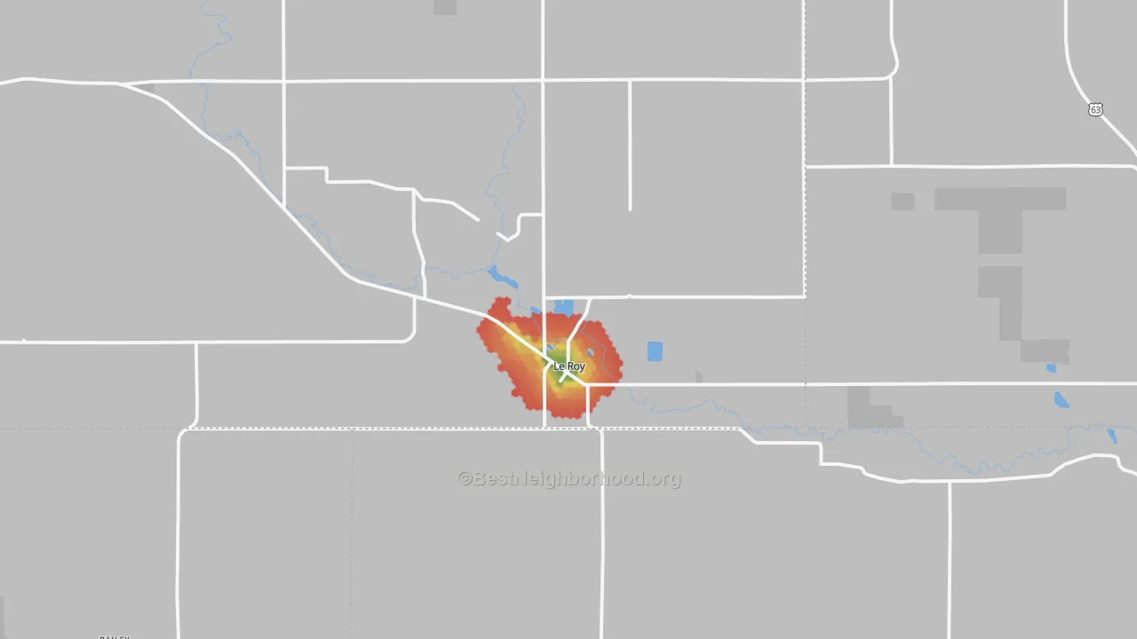 Walk Grade map of Le Roy, MN, walkable areas in green and car-dependent areas in red