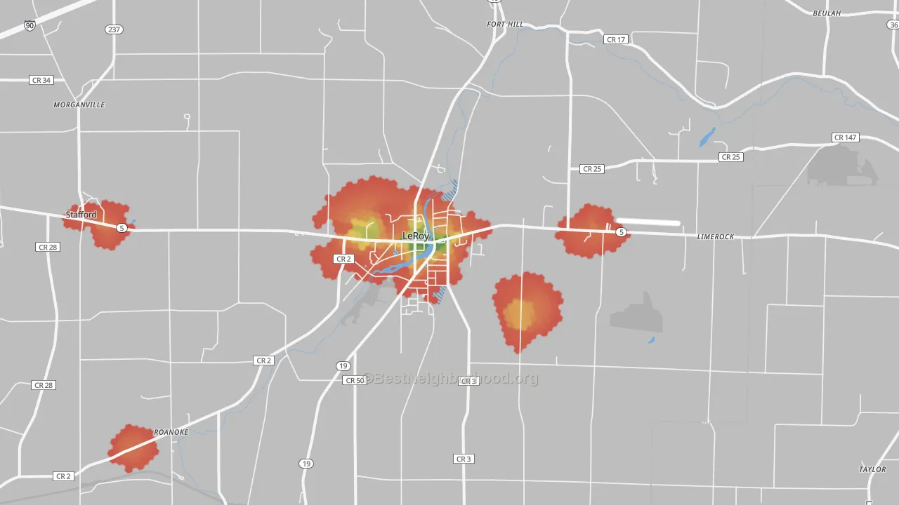 Walk Grade map of Le Roy, NY, walkable areas in green and car-dependent areas in red