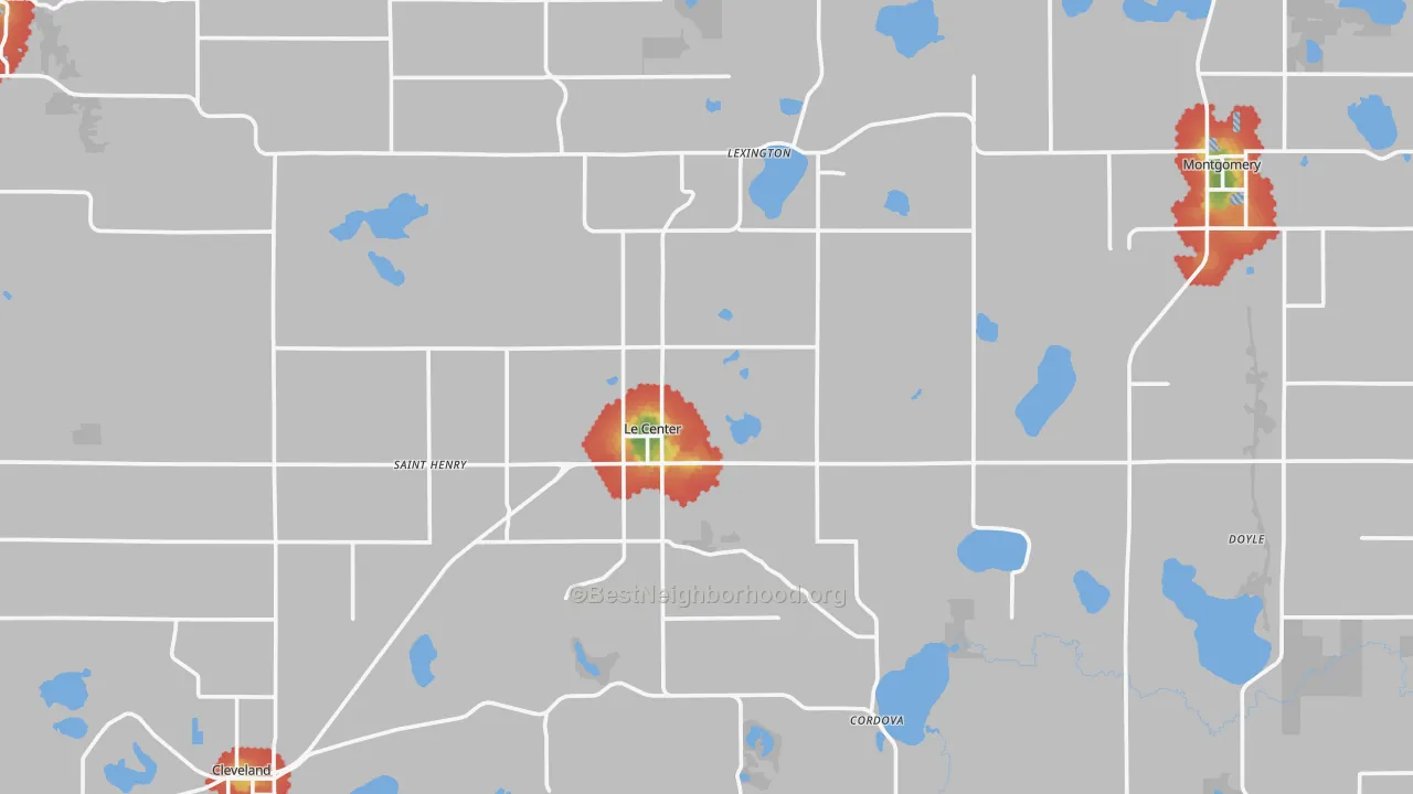 Walk Grade map of Le Sueur County, MN, walkable areas in green and car-dependent areas in red