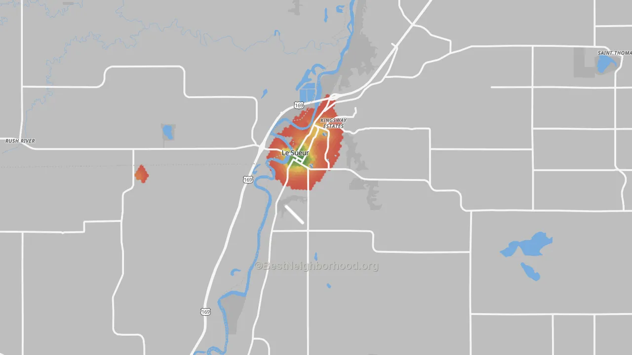 Walk Grade map of Le Sueur, MN, walkable areas in green and car-dependent areas in red