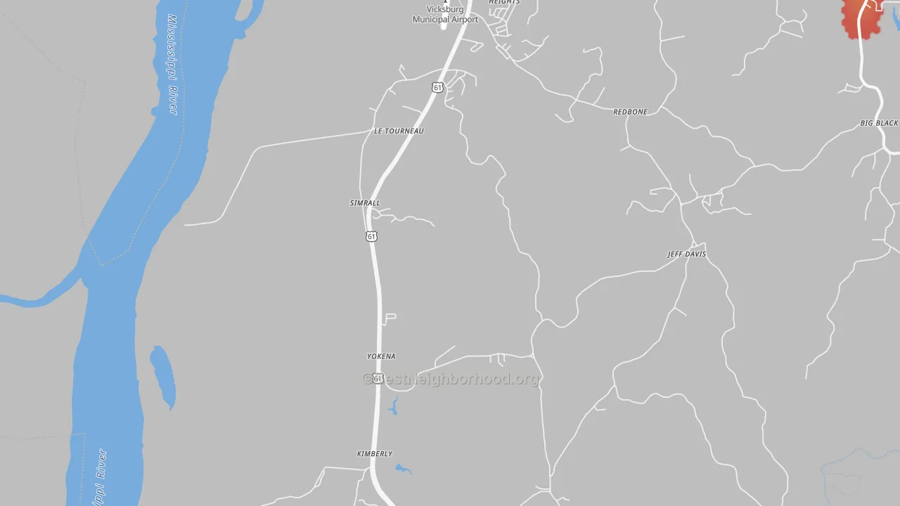 Walk Grade map of Le Tourneau, MS, walkable areas in green and car-dependent areas in red