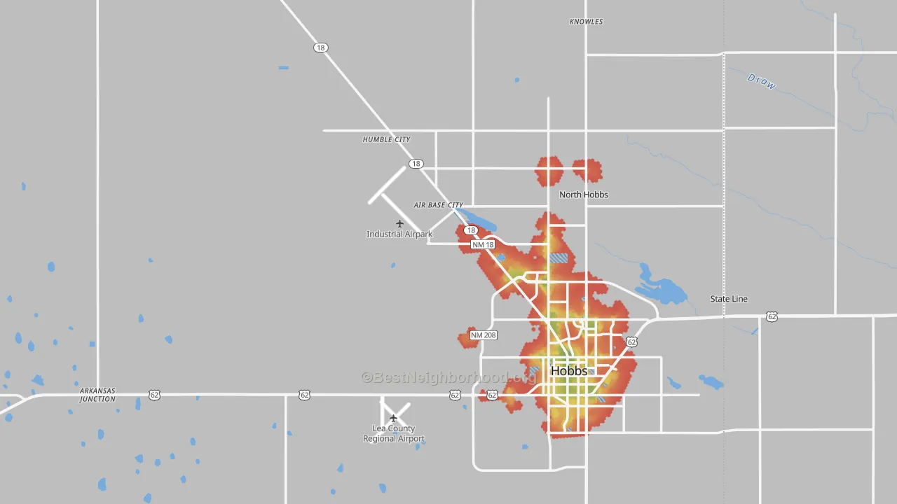Walk Grade map of Lea County, NM, walkable areas in green and car-dependent areas in red