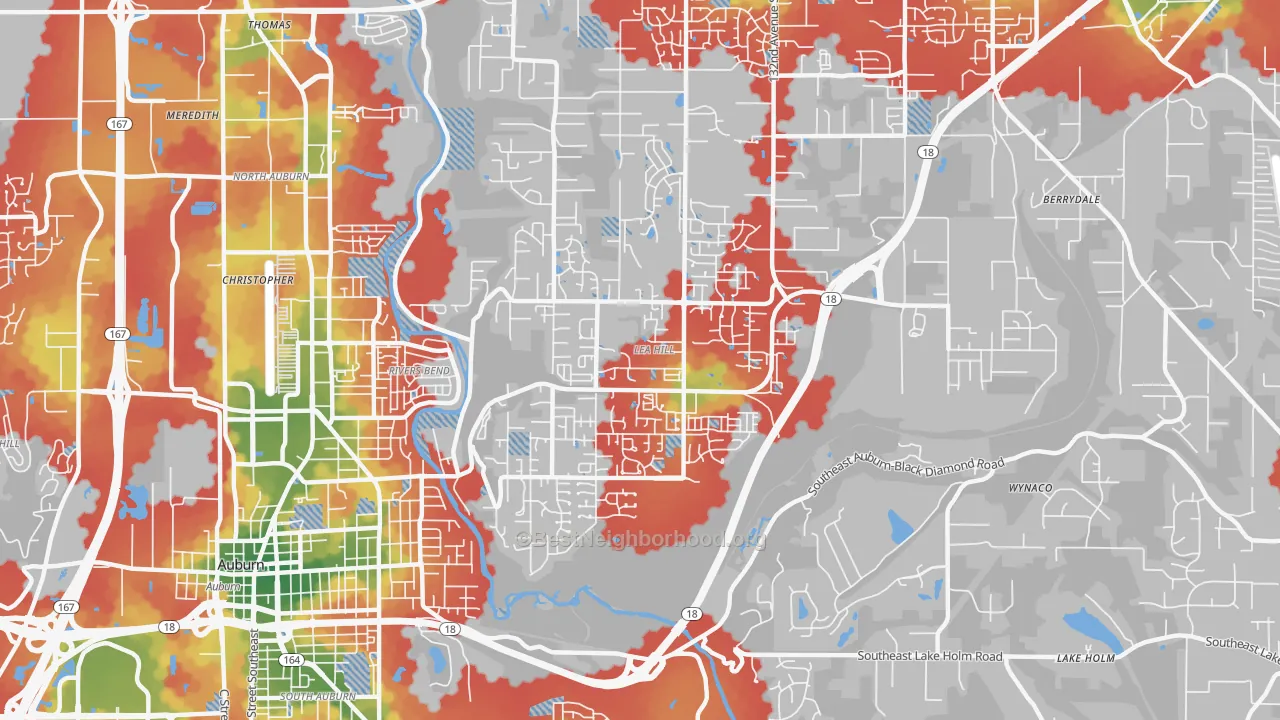 Walk Grade map of Lea Hill, Auburn, WA, walkable areas in green and car-dependent areas in red