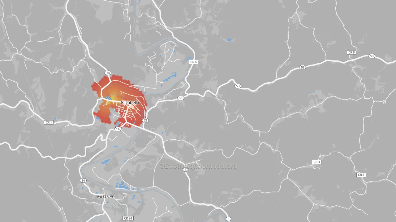 Walk Grade map of Leachtown, WV, walkable areas in green and car-dependent areas in red