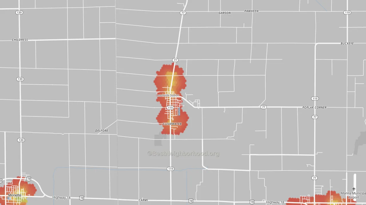 Walk Grade map of Leachville, AR, walkable areas in green and car-dependent areas in red