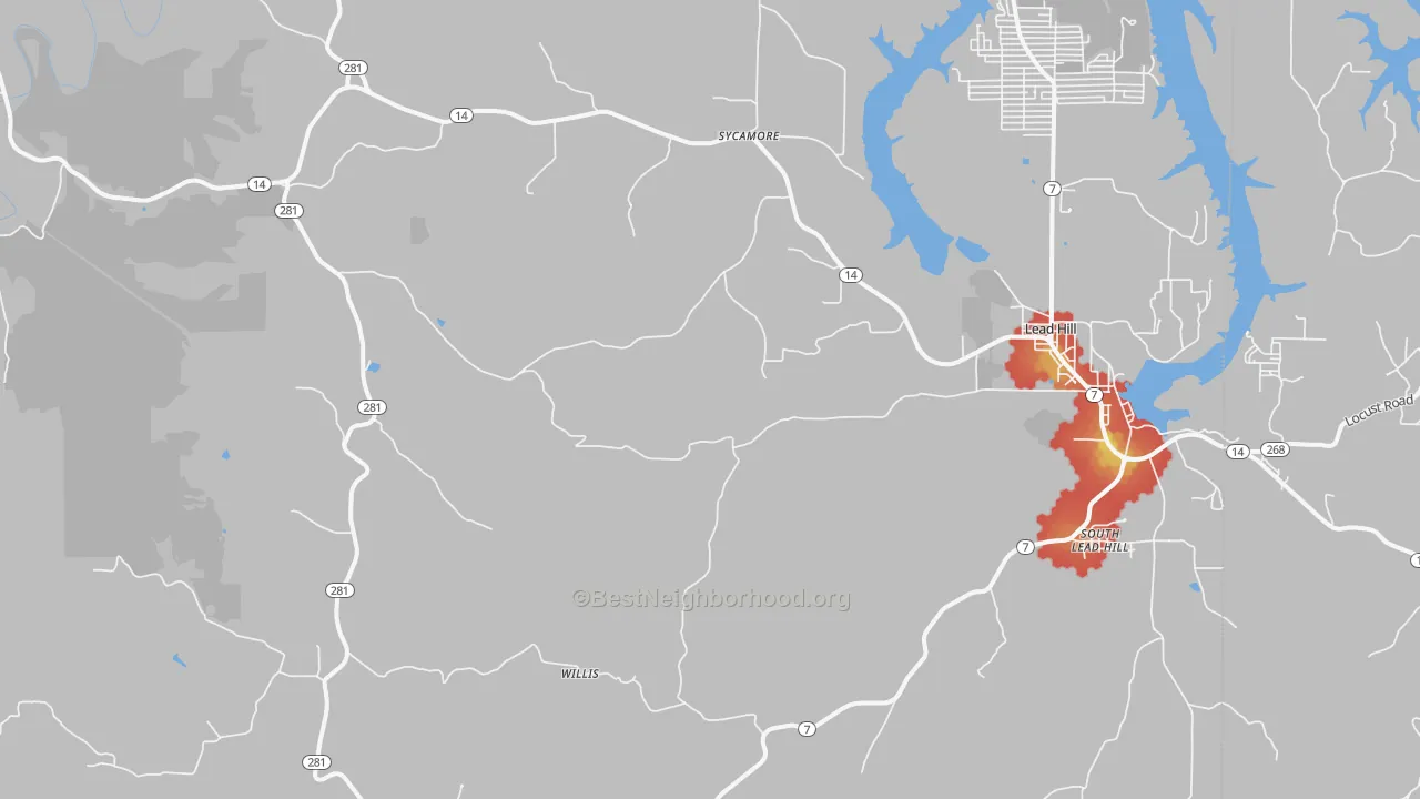 Walk Grade map of Lead Hill, AR, walkable areas in green and car-dependent areas in red